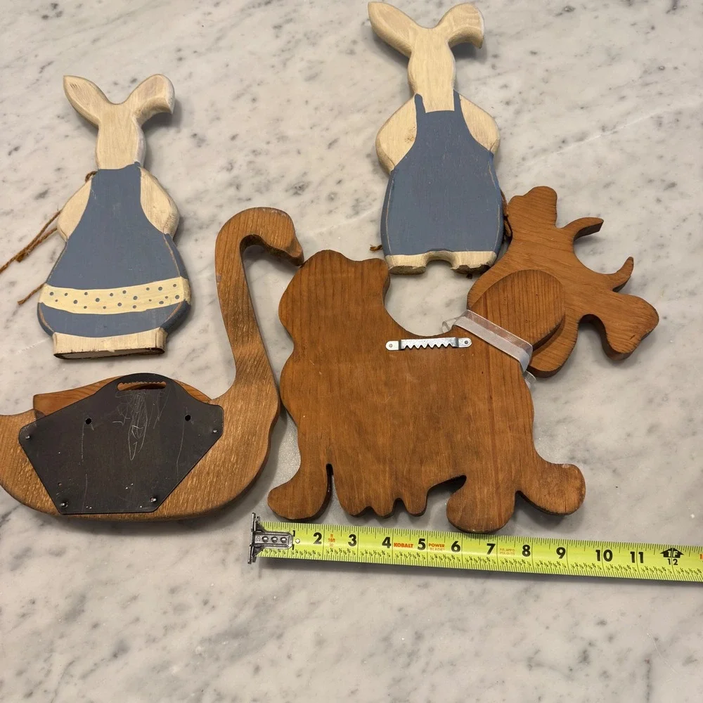 Vintage Farmhouse Wood Wall Decor Set 4pc Cow Swan Rabbits Hand Painted Folk Art